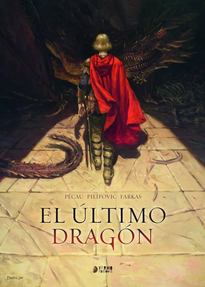 Una mujer rubia de espaldas con capa roja que se dirige a un dragon enorme que se ve en la oscuridad delante de ella.